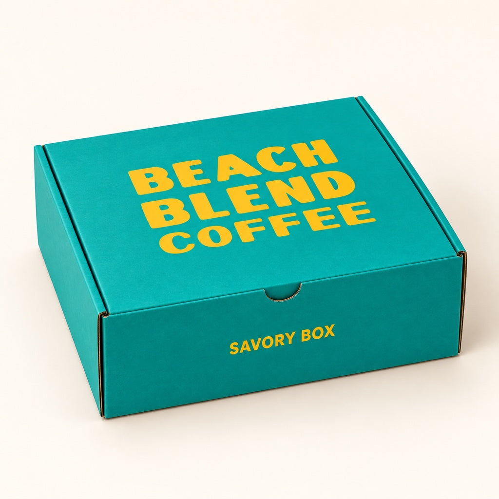AI-generated Beach Blend savory catering packaging mockup